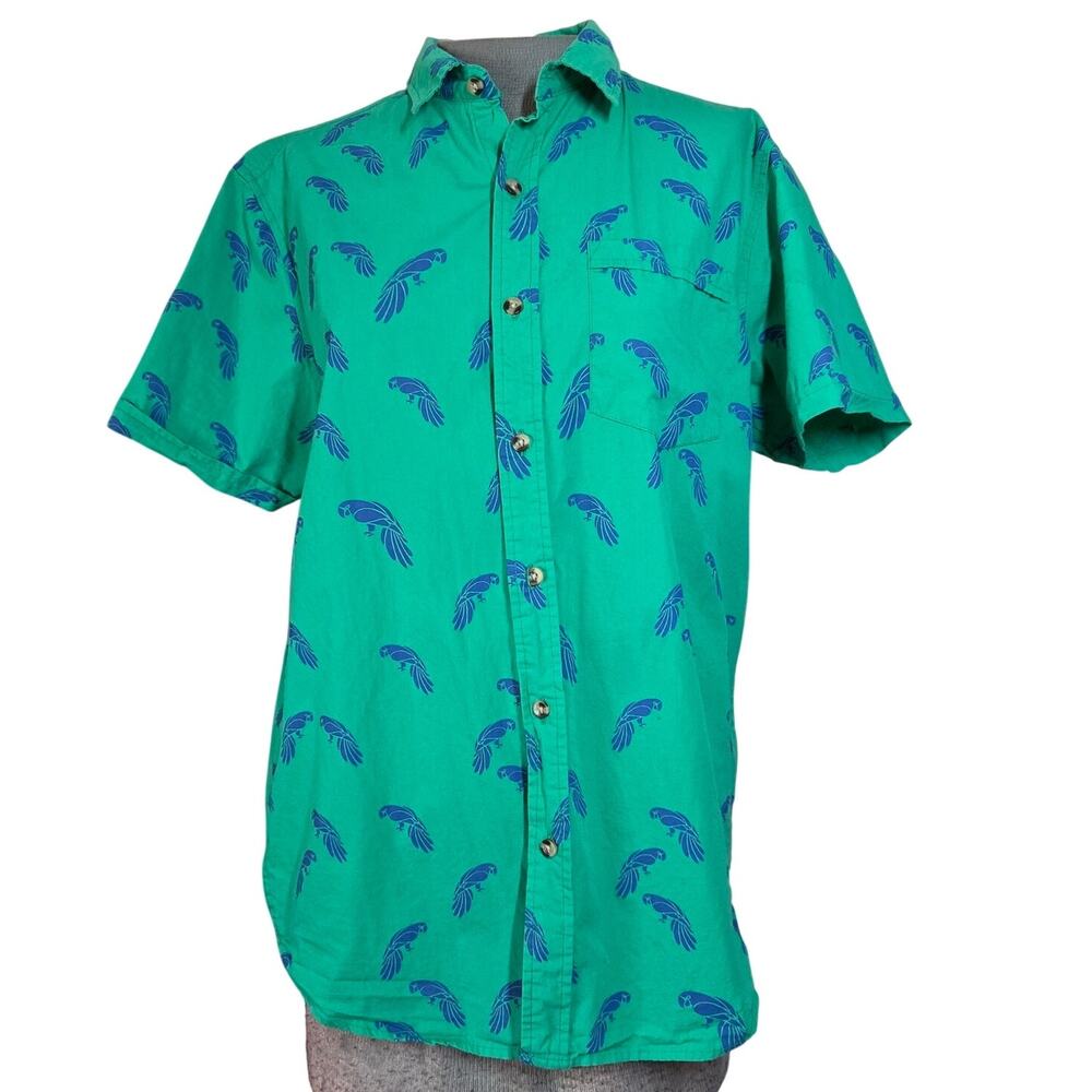 Green Parrot Print Cotton Short Sleeve Button Down Size Small
